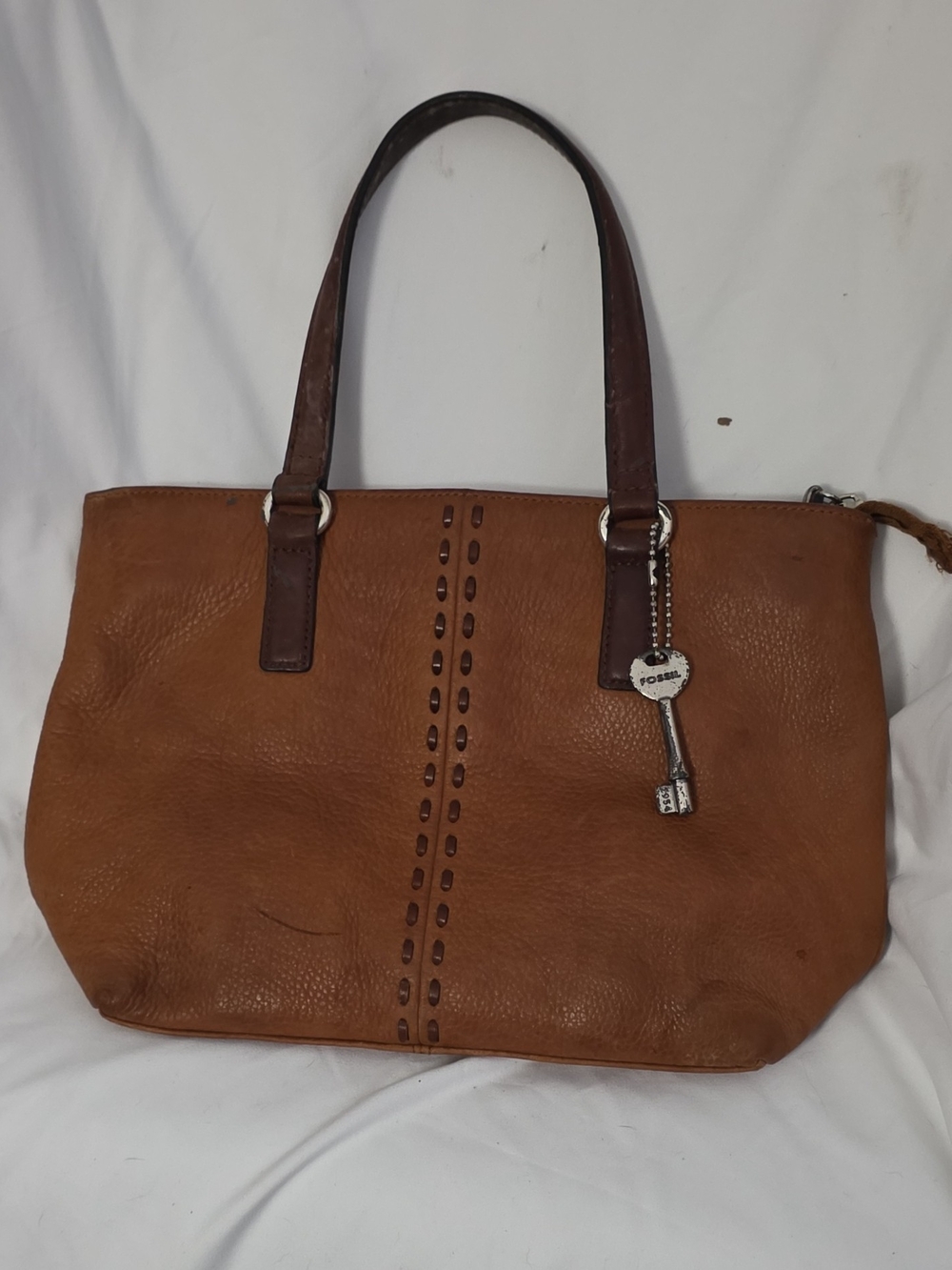 Fossil Brown Leather Shoulder Tote with Dark Brown Handles